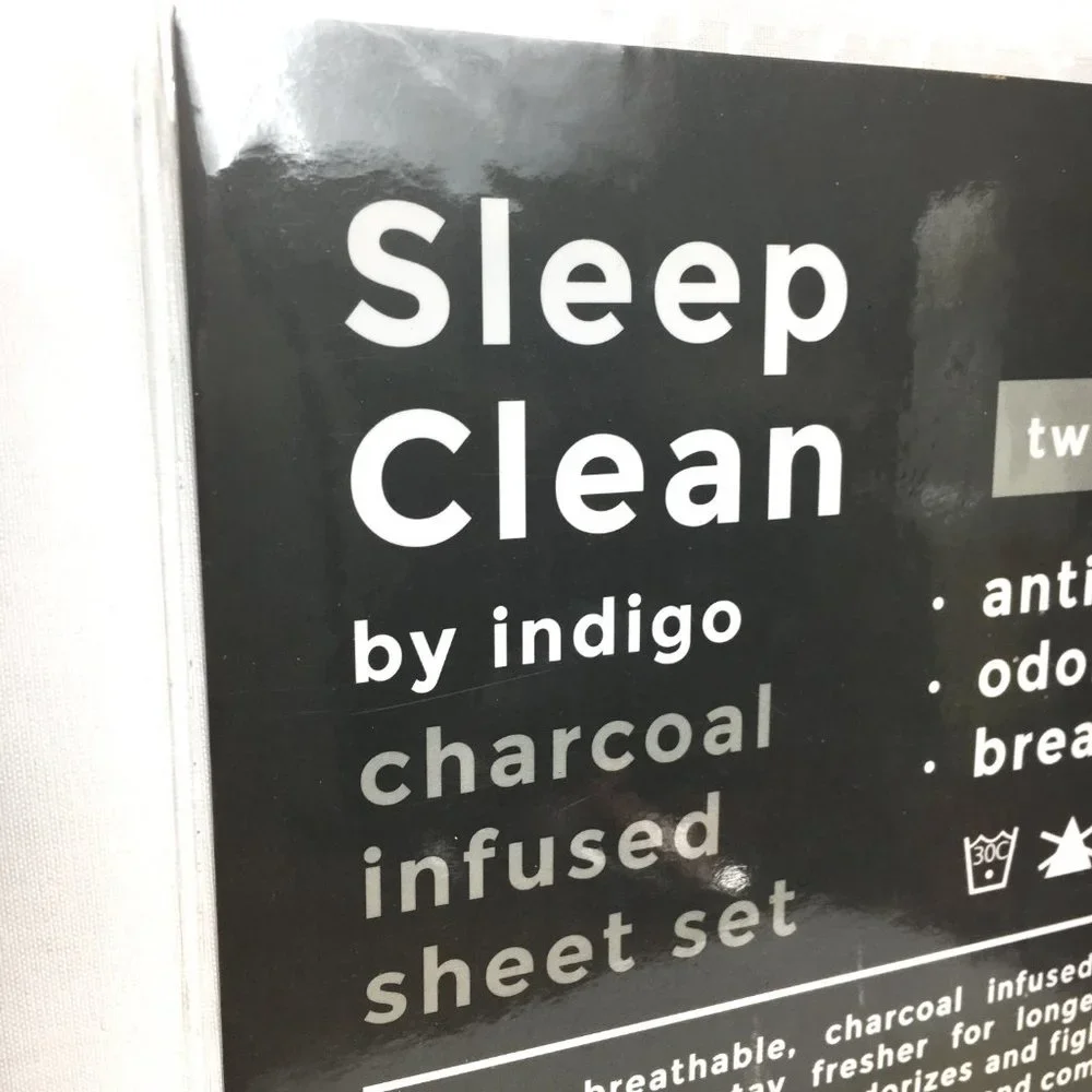 Indigo 3 pc Sheet Set Sleep Clean Twin White Charcoal Infused NWOT